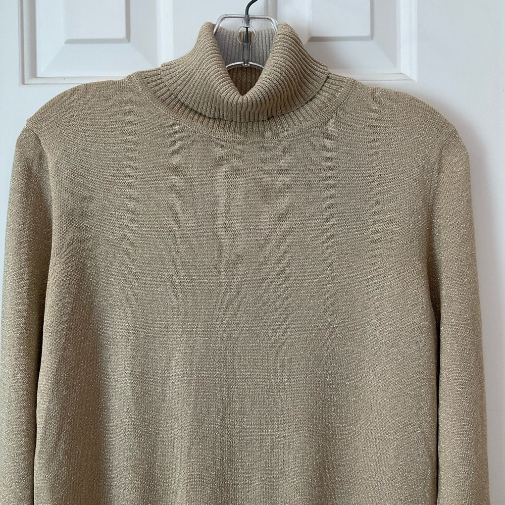 Joseph A. Gold Lame Metallic Long Sleeve Turtleneck Sweater, Size Medium - Picture 2 of 12